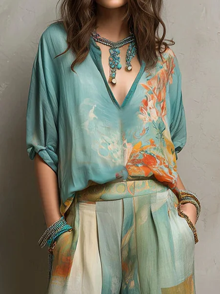 Vacation Floral Printing V Neck Blouse