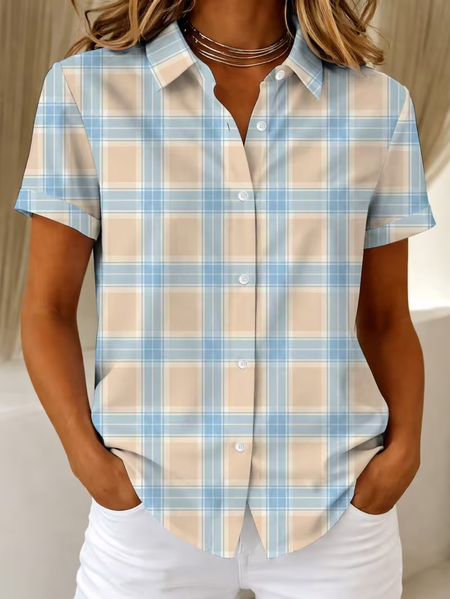 

Women Plaid Shirt Collar Short Sleeve Shirt Printing Casual Daily Summer Top, As picture, Shirts