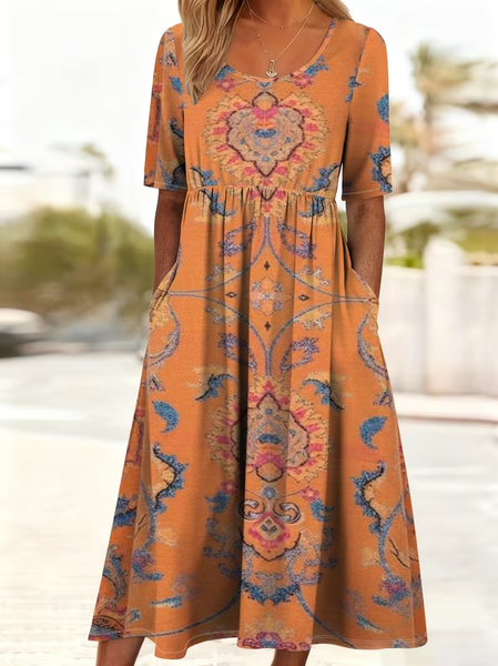 

Women Ethnic Summer Printing Dress Crew Neck Short Sleeve Shift Dress H-Line Dress, Orange, Dresses