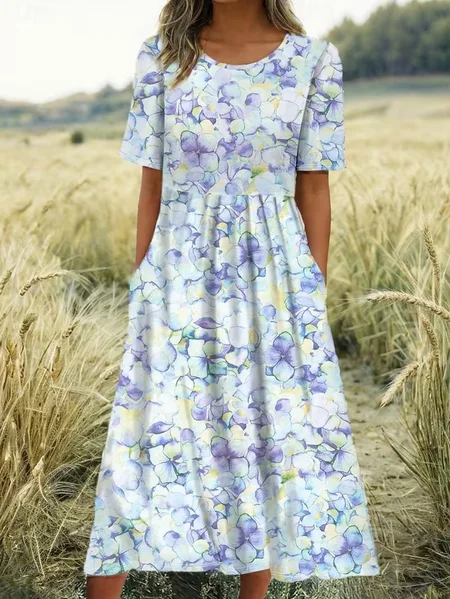 

Women Floral Summer Printing Dress Crew Neck Short Sleeve Shift Dress H-Line Dress, As picture, Dresses
