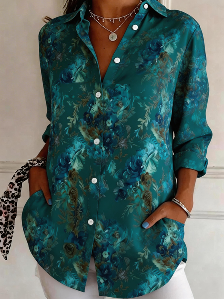 

Shirt Collar Long Sleeve Floral Regular Loose Shirt For Women, Color1, Shirts