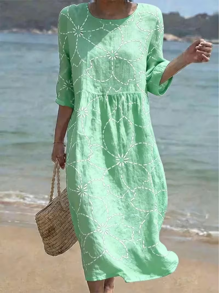 

Women Floral Summer Printing Dress Crew Neck Half Sleeve H-Line Dress, Green, Dresses