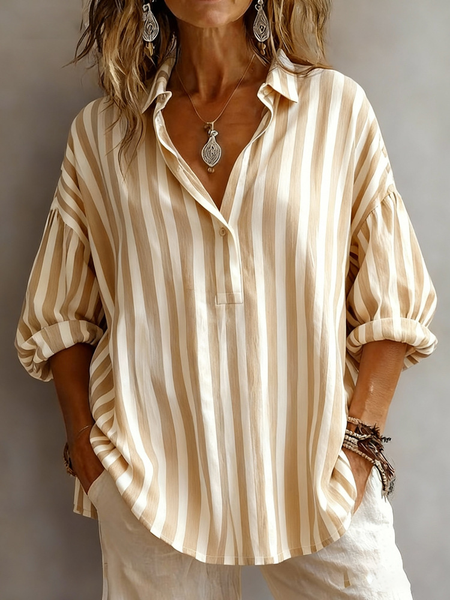 

Women Striped Shirt Collar Long Sleeve Shirt Vintage Holiday Spring/Fall Top, Beige, Blouses