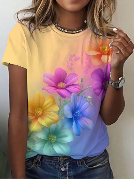 

Casual Floral Crew Neck Short Sleeve T-shirt, As picture, T-shirts
