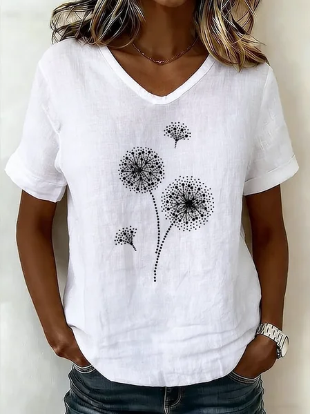 

Crew Neck Short Sleeve Dandelion Regular Loose Tunic Blouse For Women, White, Blouses