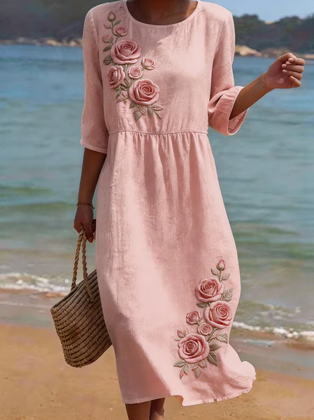 

Women Floral Half Sleeve Crew Neck Printing Dress Daily Casual Maxi H-Line Summer Dress, Pink, Casual Dresses