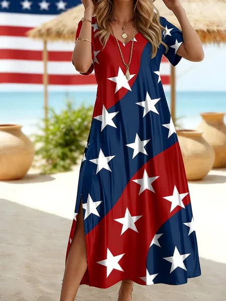 

Women Star Summer Printing Dress Crew Neck Short Sleeve T-Shirt Dress H-Line Dress, As picture, Dresses