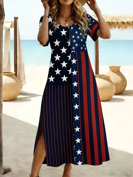 

Women Independence Day (Flag) Summer Printing Dress Crew Neck Short Sleeve T-Shirt Dress H-Line Dress, Black, Dresses