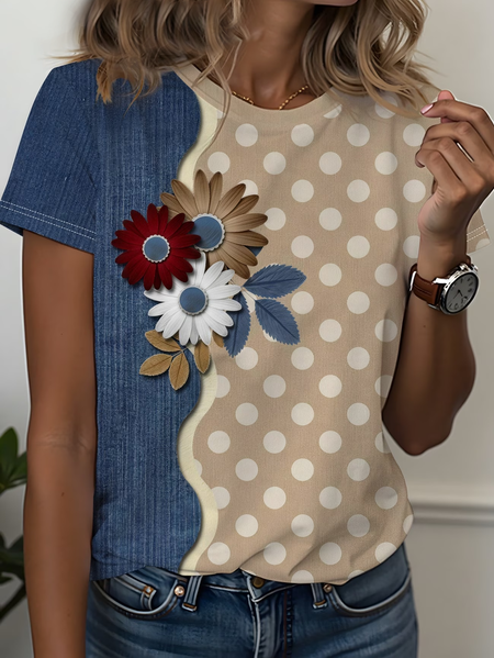 

Casual Polka Dots Crew Neck Short Sleeve T-shirt, As picture, T-shirts