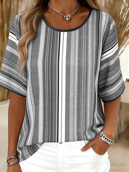 

Women Striped Short Sleeve Tee T-shirt Crew Neck Vintage Summer Top, Gray, T-Shirts