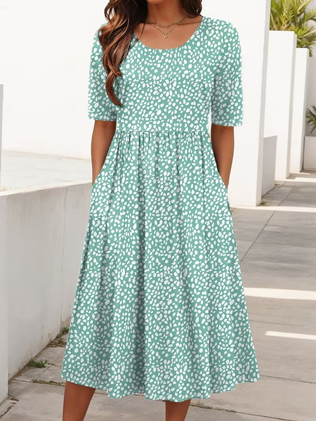 

Women Abstract Polka Dots Short Sleeve Crew Neck Printing Dress Daily Casual Maxi Shift Dress H-Line Summer Dress, Green, Casual Dresses