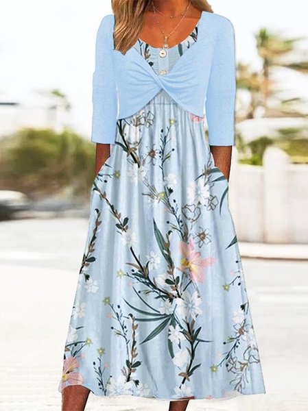 

Women Floral Spring/Fall Dress V Neck Long Sleeve Fit & Flare Dress A-Line Dress, Deep blue, Dresses