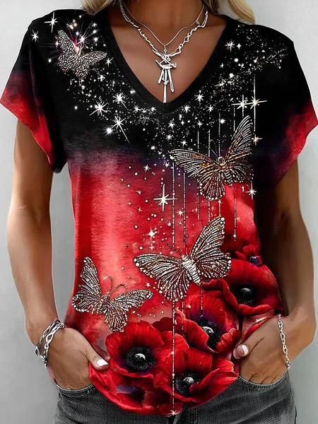 

Vintage Floral V Neck Short Sleeve T-shirt, Red, T-shirts
