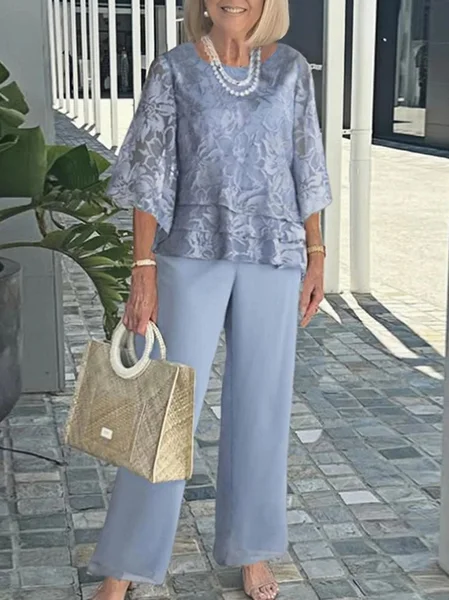 

Women Floral Two-Piece Set Daily Three Quarter Sleeve Casual Spring/Fall Top With Pants Matching Set, Blue, Sets