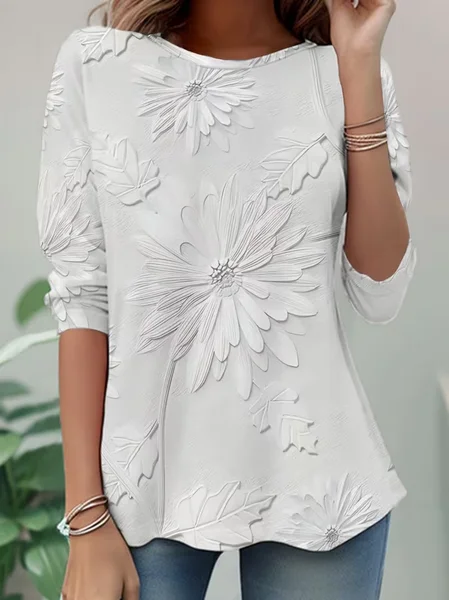 

Women Floral Long Sleeve Tee T-shirt Crew Neck Casual Tunic Spring/Fall Top, White, T-Shirts