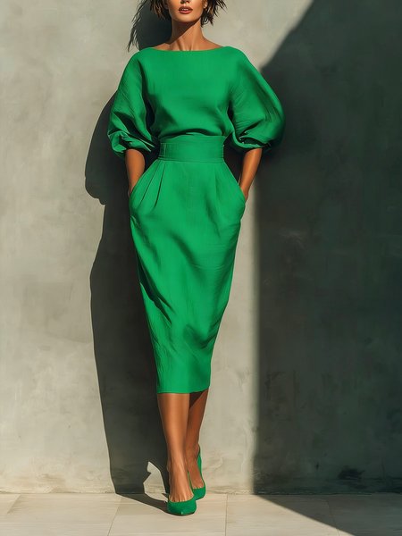 

Cotton Elegant Plain Crew Neck Midi Dress, Green, Midi Dresses