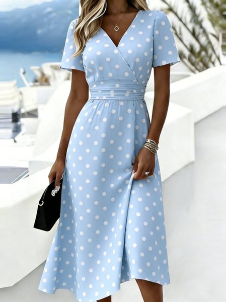 Women Polka Dots Summer Dress V Neck Short Sleeve Fit & Flare Dress A-Line Dress