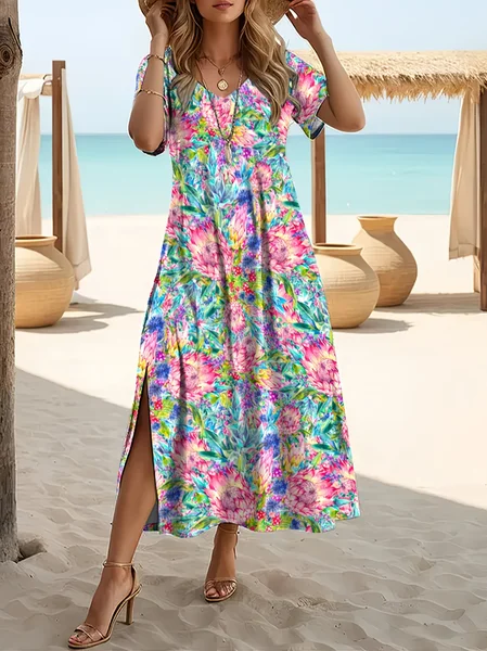 

Women Abstract Short Sleeve Crew Neck Printing Dress Daily Casual Maxi T-Shirt Dress H-Line Summer Dress, As picture, Casual Dresses