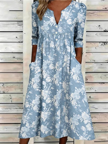 

Women Floral Summer Dress Half Open Collar Half Sleeve A-Line Dress, Blue, Dresses