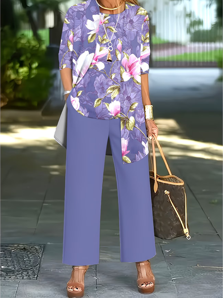 

Women Floral Printing Matching Outfit Daily Long Sleeve Casual Spring/Fall Multi-Piece Set Matching Set, Purple, Sets
