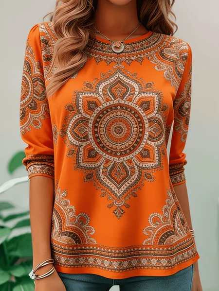 

Women Ethnic Long Sleeve Tee T-shirt Crew Neck Casual Tunic Spring/Fall Top, Orange, T-Shirts
