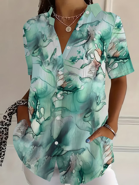 

Shirt Collar Short Sleeve Abstract Printing Regular Micro-Elasticity Loose Button Up Shirt Shirt For Women, Green, Shirts