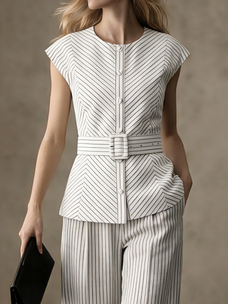 Cotton Crew Neck Striped Urban Blouse With Belt