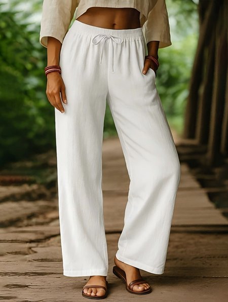 

Women Plain Long Pants Vintage Spring/Fall Trousers, White, Pants