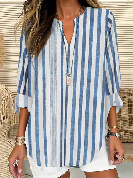 

V Neck Long Sleeve Striped Regular Loose Blouse For Women, Blue, Blouses