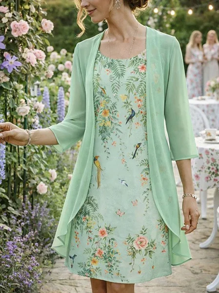 

Women Floral Two-Piece Set Daily Three Quarter Sleeve Casual Spring/Fall Top With Skirt Matching Set, Green, Sets