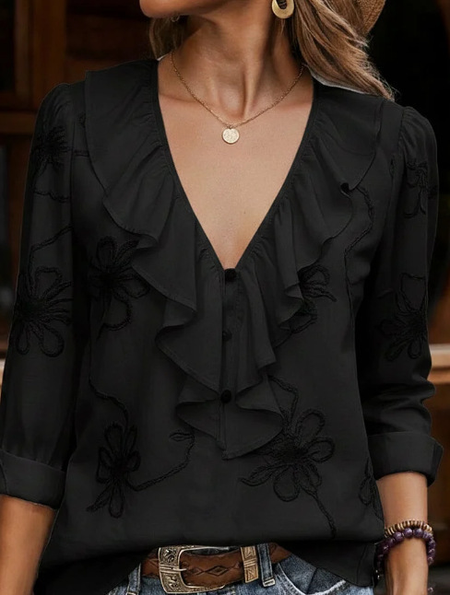 

V Neck Long Sleeve Embroidery Patterns Regular Regular Fit Blouse For Women, Black, Blouses