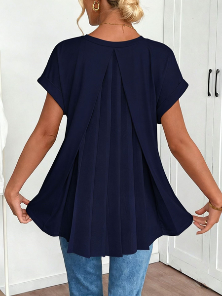 

Women Plain V Neck Short Sleeve Blouse Casual Daily Summer Top, Navyblue, Tops