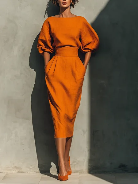 

Plus Size Cotton Casual Plain Crew Neck Midi Dress, Orange, Plus Dresses