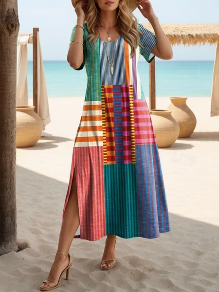 

Women Abstract Summer Printing Dress Crew Neck Short Sleeve T-Shirt Dress H-Line Dress, As picture, Dresses