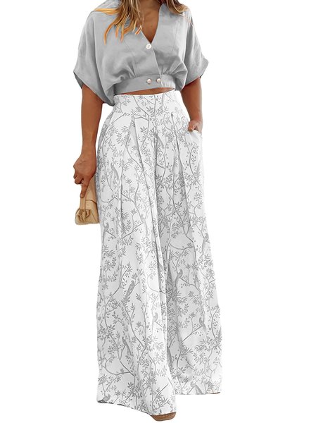 

Women Floral Two-Piece Set Daily Short Sleeve Casual Summer Top With Pants Matching Set, Gray, Sets