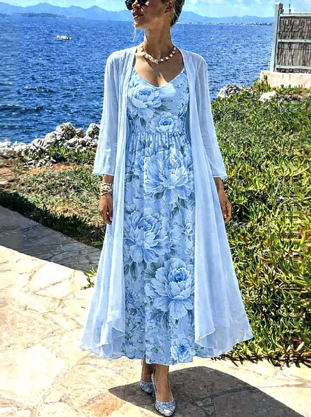 

Women Floral Two-Piece Set Daily Long Sleeve Casual Spring/Fall Top With Skirt Matching Set, Blue, Sets