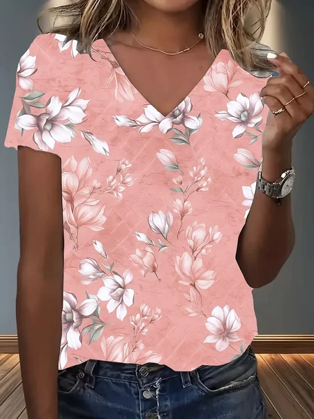 

Women Floral Short Sleeve Tee T-shirt V Neck Printing Vintage Summer Top, Pink, T-Shirts