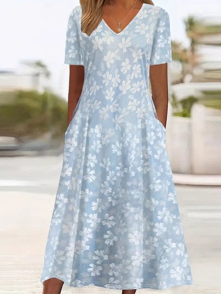 Women Floral Summer Dress Crew Neck Short Sleeve A-Line Dress