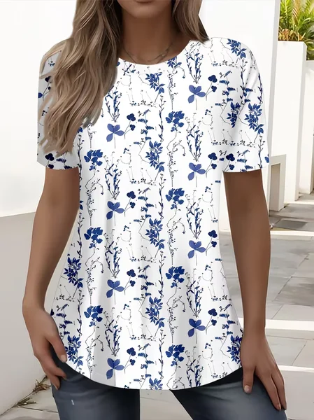 

Casual Floral Crew Neck Short Sleeve T-shirt, White, T-shirts