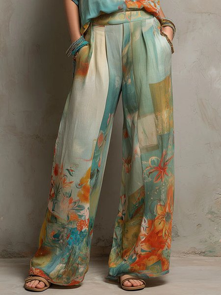 

Vacation Floral Printing Wide Leg Pants, As picture, Pants