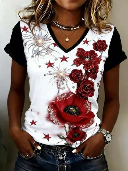 

Women Floral Short Sleeve Tee T-shirt V Neck Printing Vintage Summer Top, White, T-Shirts