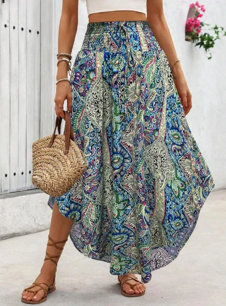 

Casual Striped A-Line Natural Printing Maxi Skirt, Lake blue, Skirts