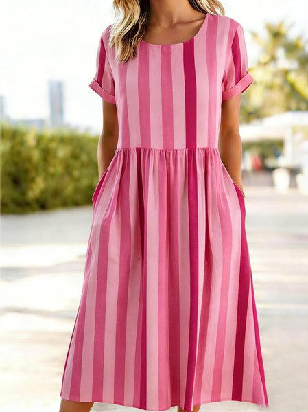 

Women Striped Summer Dress Crew Neck Short Sleeve Fit & Flare Dress A-Line Dress, Pink, Dresses