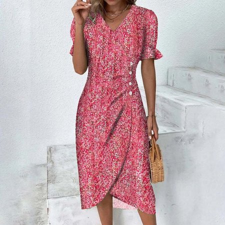 Women Ditsy Floral Puff Sleeve Summer Dress Short Sleeve H-Line Dress