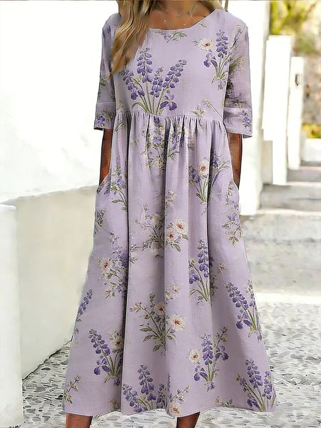 

Women Floral Summer Dress Crew Neck Half Sleeve A-Line Dress, Purple, Dresses