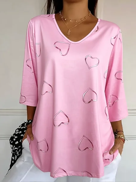 

Vintage Heart/Cordate V Neck Three Quarter Sleeve T-shirt, Pink, T-shirts