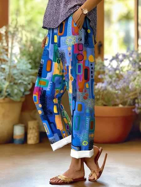 

Women Abstract Long Pants Casual Spring/Fall Trousers, Blue, Pants