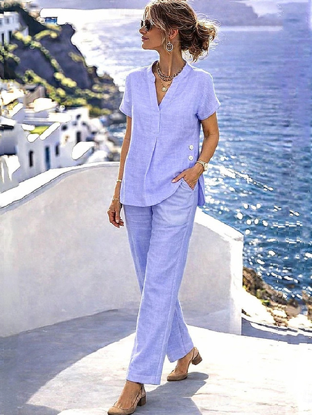 Women Plain Two-Piece Set Daily Short Sleeve Casual Summer Top With Pants Matching Set