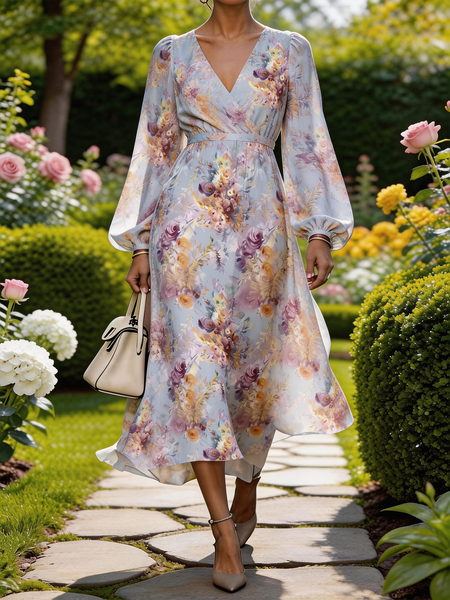 

Women Floral Balloon Sleeve Summer Dress V Neck Long Sleeve A-Line Dress, Lavender, Dresses