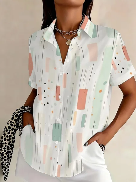 

Shirt Collar Short Sleeve Abstract Printing Regular Micro-Elasticity Loose Button Up Shirt Shirt For Women, White, Shirts